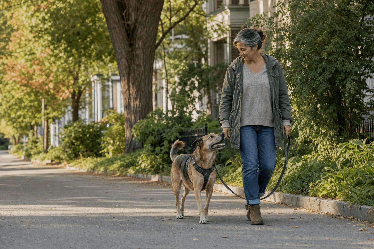 A rescue dog owner walking with their dog on a neighbourhood street