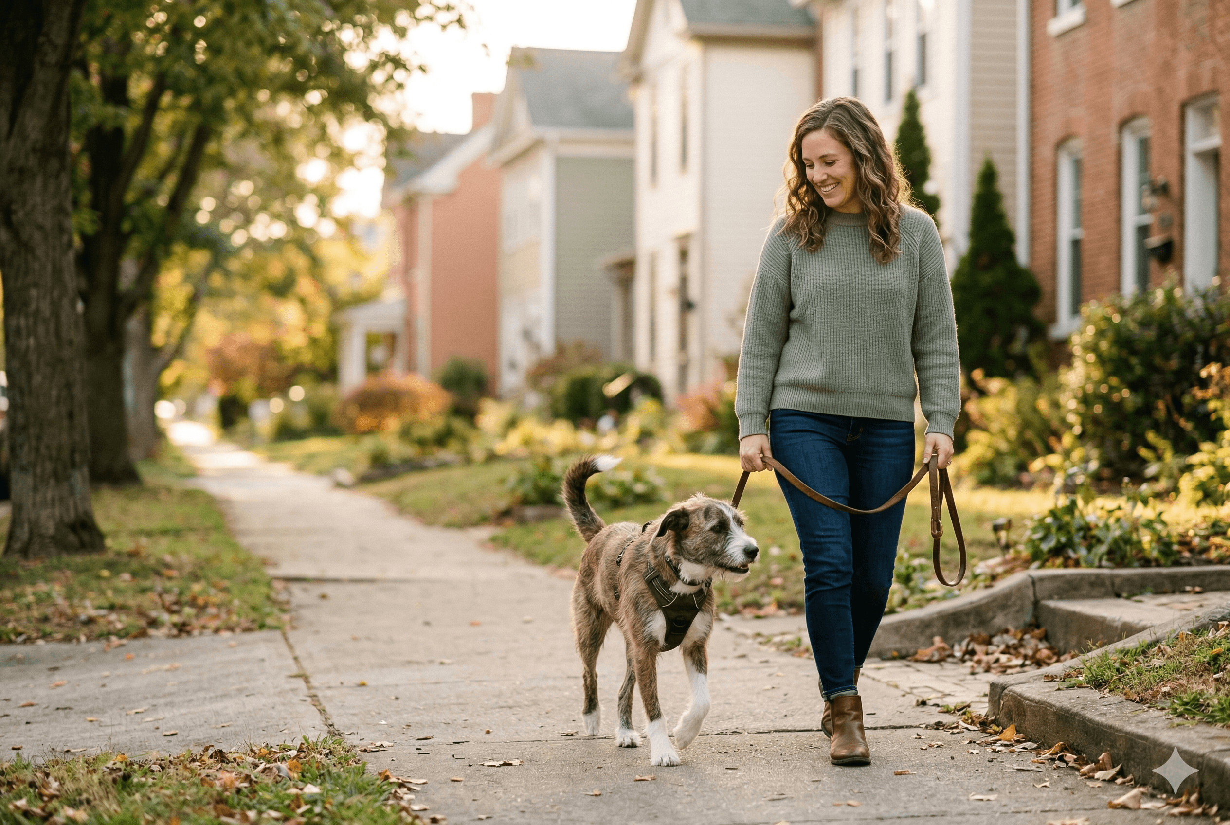 Rescue dog owner walking with their dog on a neighborhood street